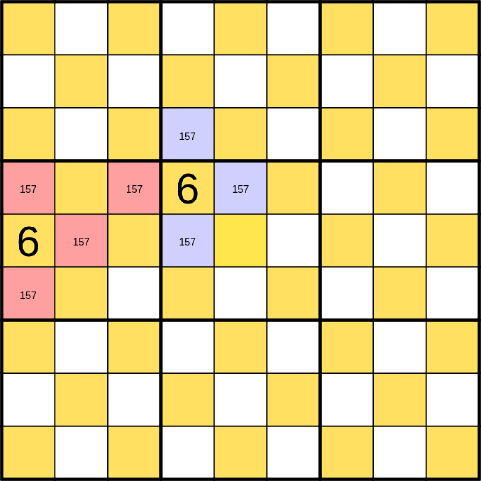 9x9 Sudoku Grid with 6 in the center box in corner cell