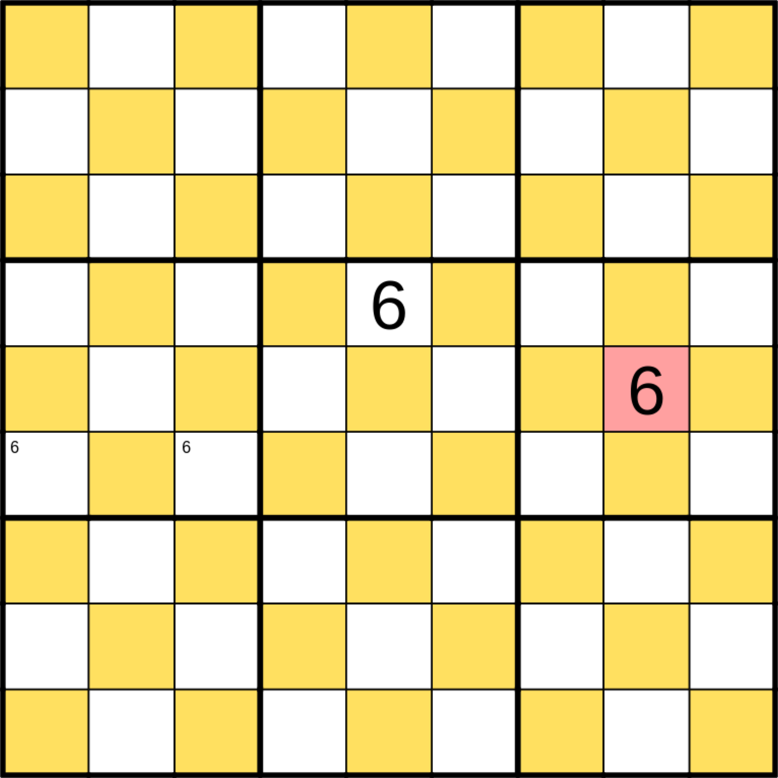 9x9 Sudoku Grid with 6 in the center box in the upper middle cell